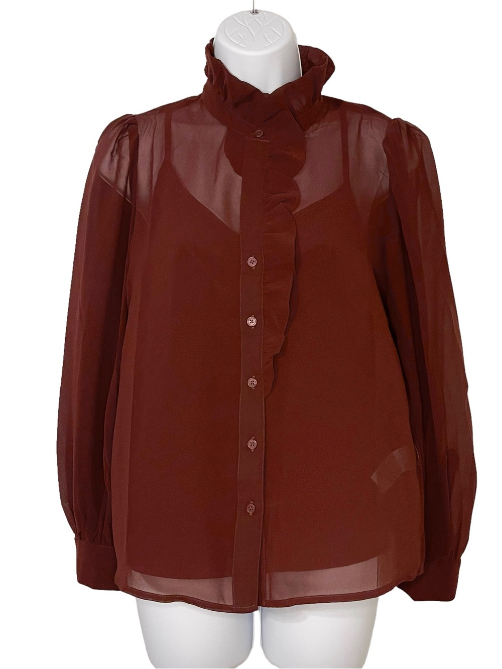 Women’s Ruffled High-Neck Blouse in Rust Brown